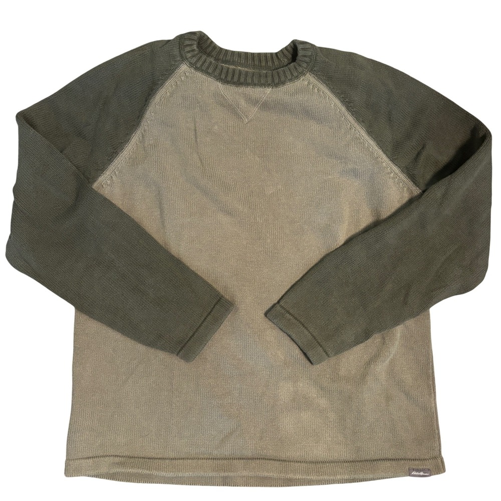 Eddie Bauer Crewneck Sweater Size M Olive Tan Two Tone Raglan Long Sleeve